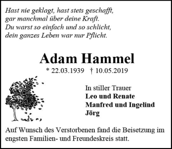 Traueranzeige von Adam Hammel von vrm-trauer