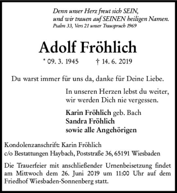 Traueranzeige von Adolf Fröhlich von vrm-trauer