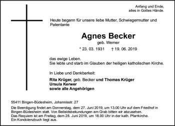 Traueranzeige von Agnes Becker von vrm-trauer