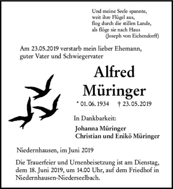 Traueranzeige von Alfred Müringer von vrm-trauer