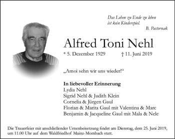 Traueranzeige von Alfred Toni Nehl von vrm-trauer