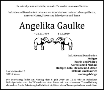 Traueranzeige von Angelika Gaulke von vrm-trauer