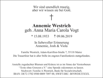 Traueranzeige von Annemie Westrich von vrm-trauer