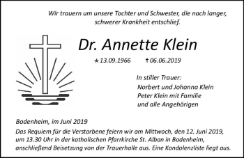 Traueranzeige von Annette Klein von vrm-trauer