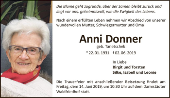 Traueranzeige von Anni Donner von vrm-trauer