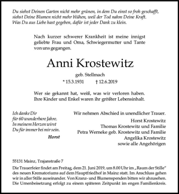 Traueranzeige von Anni Krostewitz von vrm-trauer