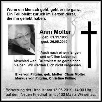 Traueranzeige von Anni Molter von vrm-trauer
