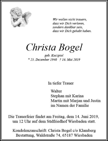 Traueranzeige von Christa Boge von vrm-trauer