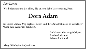 Traueranzeige von Dora Adam von vrm-trauer