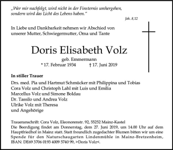 Traueranzeige von Doris Elisabeth Volz von vrm-trauer