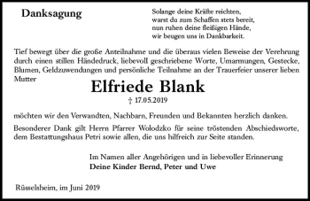 Traueranzeige von Elfriede Blank von vrm-trauer