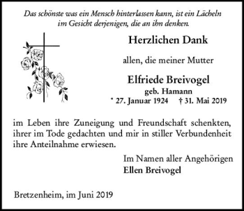 Traueranzeige von Elfriede Breivogel von vrm-trauer