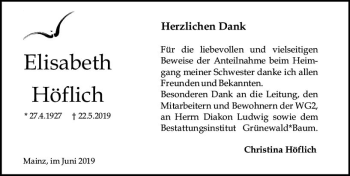 Traueranzeige von Elisabeth Höflich von vrm-trauer