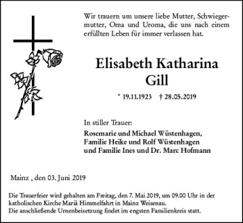 Traueranzeige von Elisabeth Katharina Gill von vrm-trauer