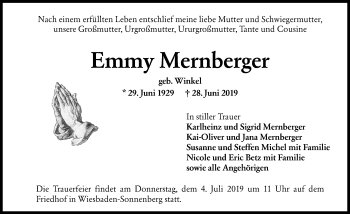 Traueranzeige von Emmy Mernberger von vrm-trauer