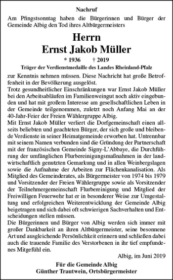 Traueranzeige von Ernst Jakob Müller von vrm-trauer