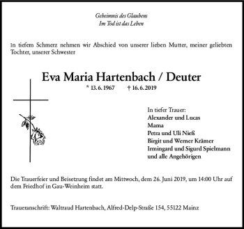 Traueranzeige von Eva Maria Hartenbach/Deuter von vrm-trauer