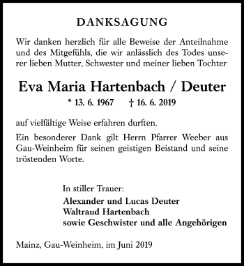 Traueranzeige von Eva Maria Hartenbach von vrm-trauer