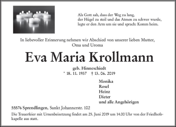 Traueranzeige von Eva Maria Krollmann von vrm-trauer