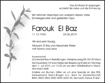 Traueranzeige von Farouk El Baz von vrm-trauer