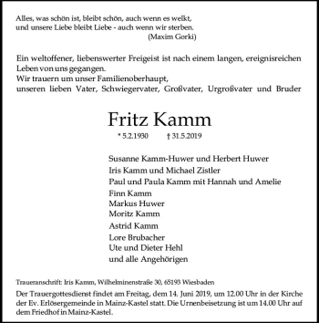 Traueranzeige von Fritz Kamm von vrm-trauer