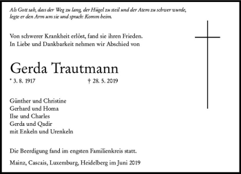 Traueranzeige von Gerda Trautmann von vrm-trauer