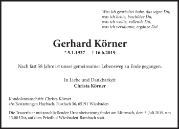 Traueranzeige von Gerhard Körner von vrm-trauer