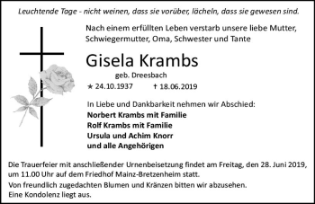 Traueranzeige von Gisela Krambs von vrm-trauer