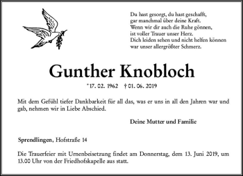 Traueranzeige von Gunther Knobloch von vrm-trauer