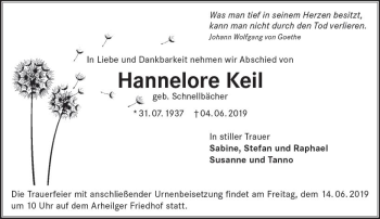 Traueranzeige von Hannelore Keil von vrm-trauer