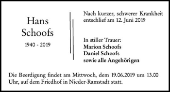 Traueranzeige von Hans Schoofs von vrm-trauer