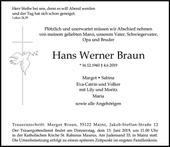 Traueranzeige von Hans Werner Braun von vrm-trauer