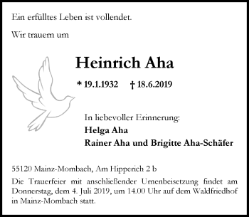 Traueranzeige von Heinrich Aha von vrm-trauer