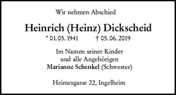 Traueranzeige von Heinrich Dickscheid von vrm-trauer