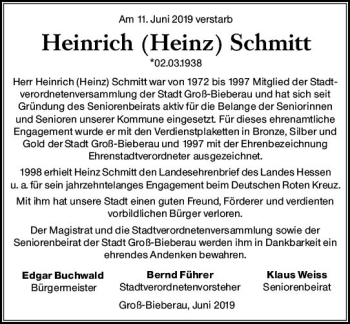 Traueranzeige von Heinrich Schmitt von vrm-trauer