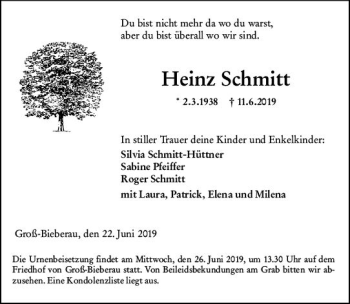 Traueranzeige von Heinz Schmitt von vrm-trauer