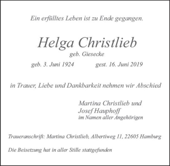 Traueranzeige von Helga Christlieb von vrm-trauer