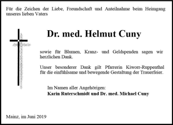 Traueranzeige von Helmut Cuny von vrm-trauer