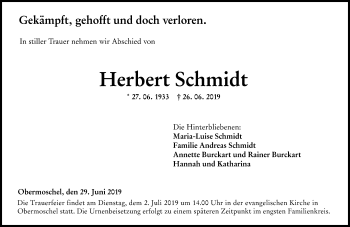 Traueranzeige von Herbert Schmidt von vrm-trauer