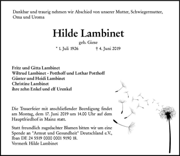 Traueranzeige von Hilde Lambinet von vrm-trauer