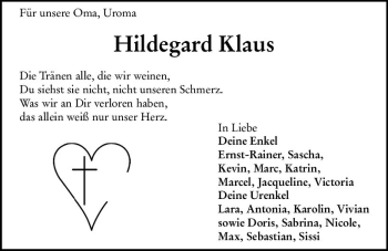 Traueranzeige von Hildegard Klaus von vrm-trauer