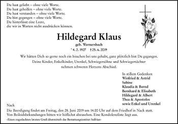 Traueranzeige von Hildegard Klaus von vrm-trauer