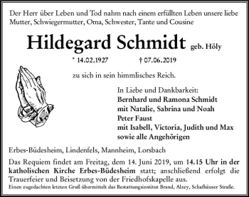 Traueranzeige von Hildegard Schmidt von vrm-trauer