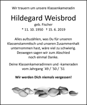 Traueranzeige von Hildegard Weisbrod von vrm-trauer