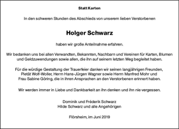 Traueranzeige von Holger Schwarz von vrm-trauer