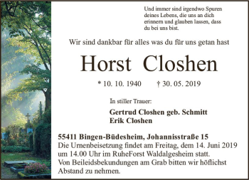 Traueranzeige von Horst Closhen von vrm-trauer