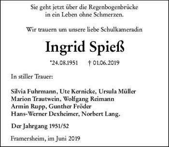 Traueranzeige von Ingrid Spieß von vrm-trauer