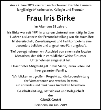 Traueranzeige von Iris Birke von vrm-trauer
