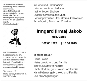 Traueranzeige von Irmgard Jakob von vrm-trauer