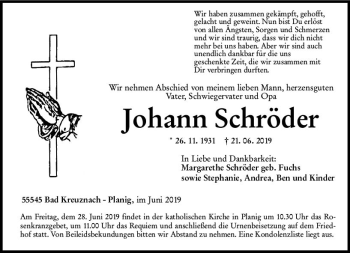 Traueranzeige von Johann Schröder von vrm-trauer